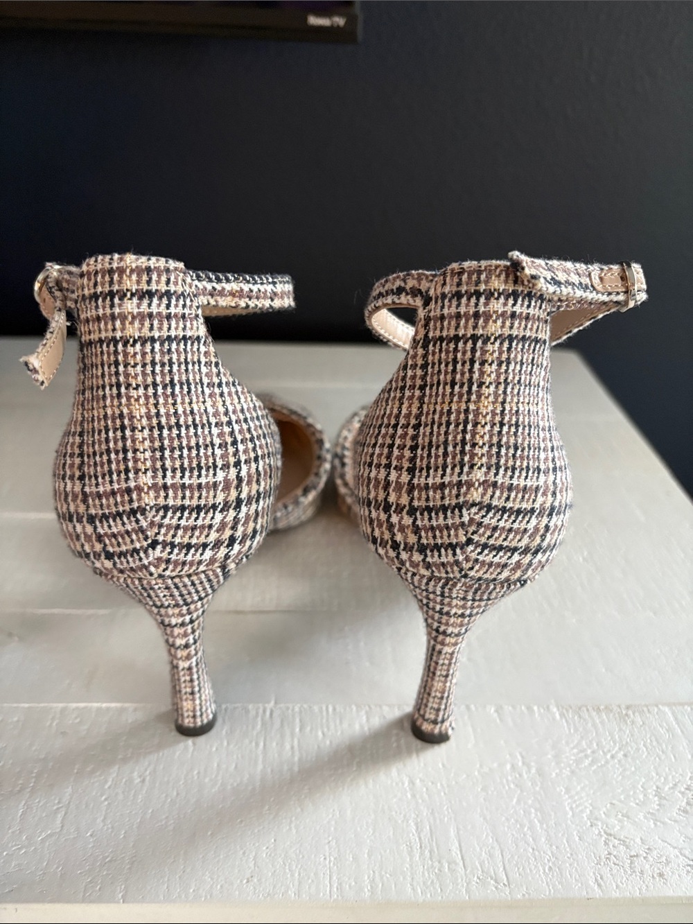 Kelly & Katie Tweed Pointed-Toe Ankle Strap Heels in Beige - Picture 4 of 5
